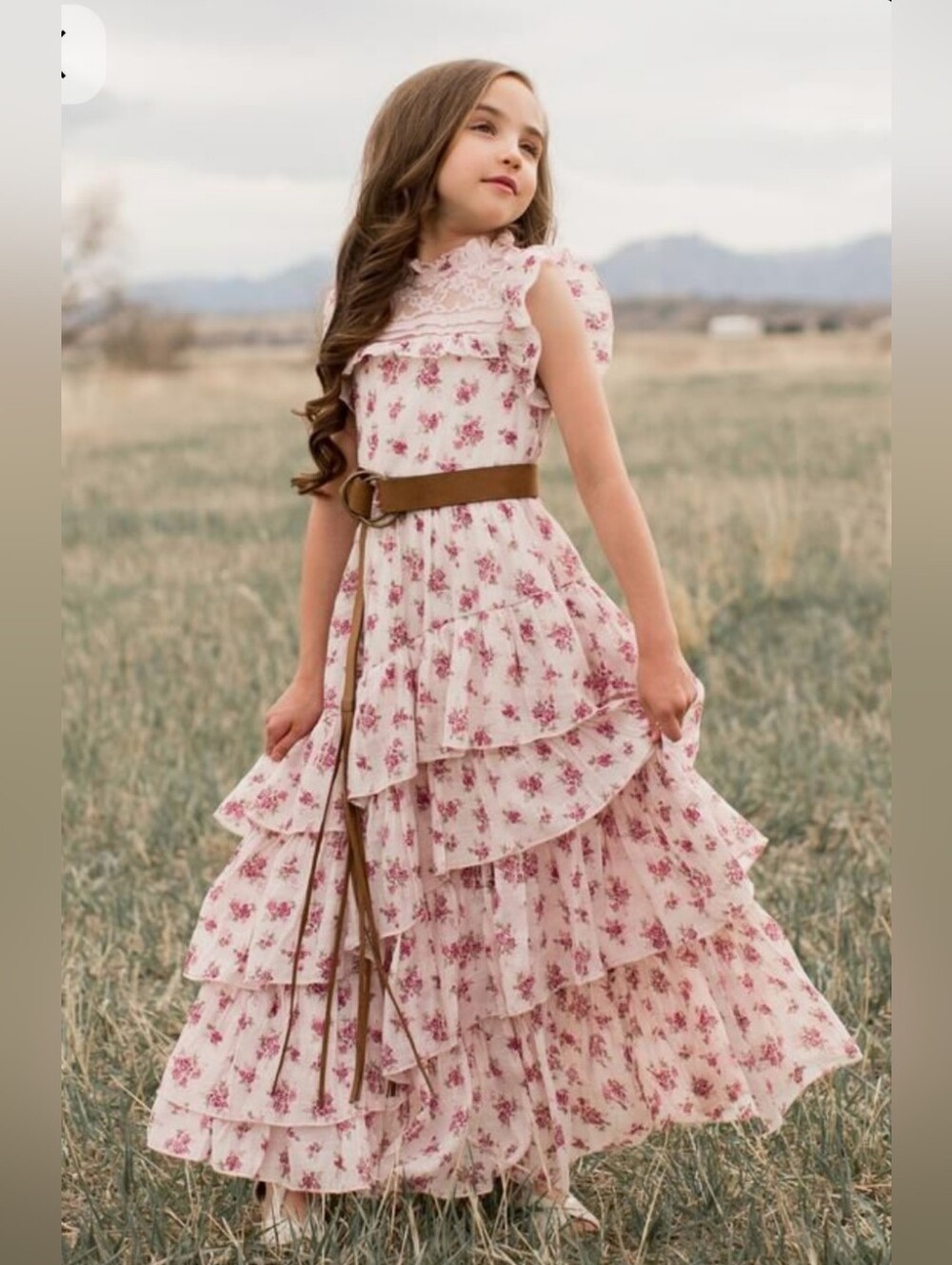 Mia Joy Joyfolie Girls Floral Ruffle Maxi Dress Lace Illusion Yoke Pink Size 12